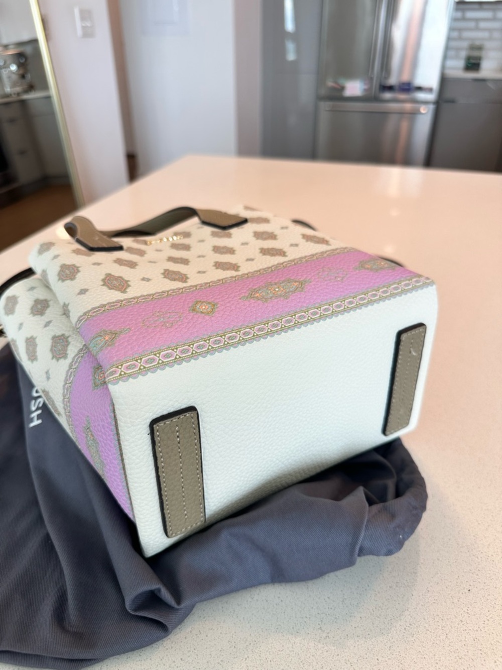 Manoush White and Lavender Kilim Patterned, Ople-Embossed Synthetic Leather Tote - Picture 12 of 13